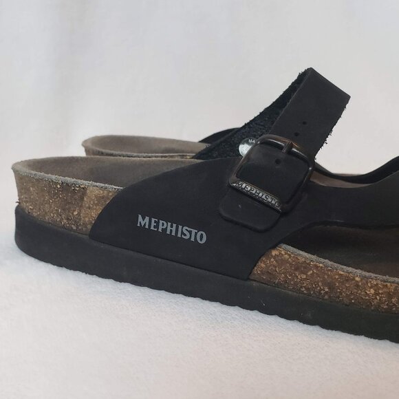 MEPHISTO Helen Sandal 41 Nubuck Leather Strap Black Gray Cork Sole Thong - Picture 4 of 10